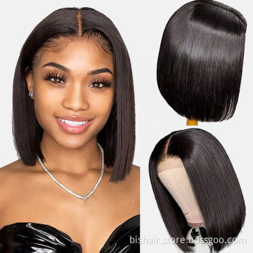 Wholesale short bob soft straight hair T mesh split style 100% natural Brazilian remy real wig black women pre-closed plucking